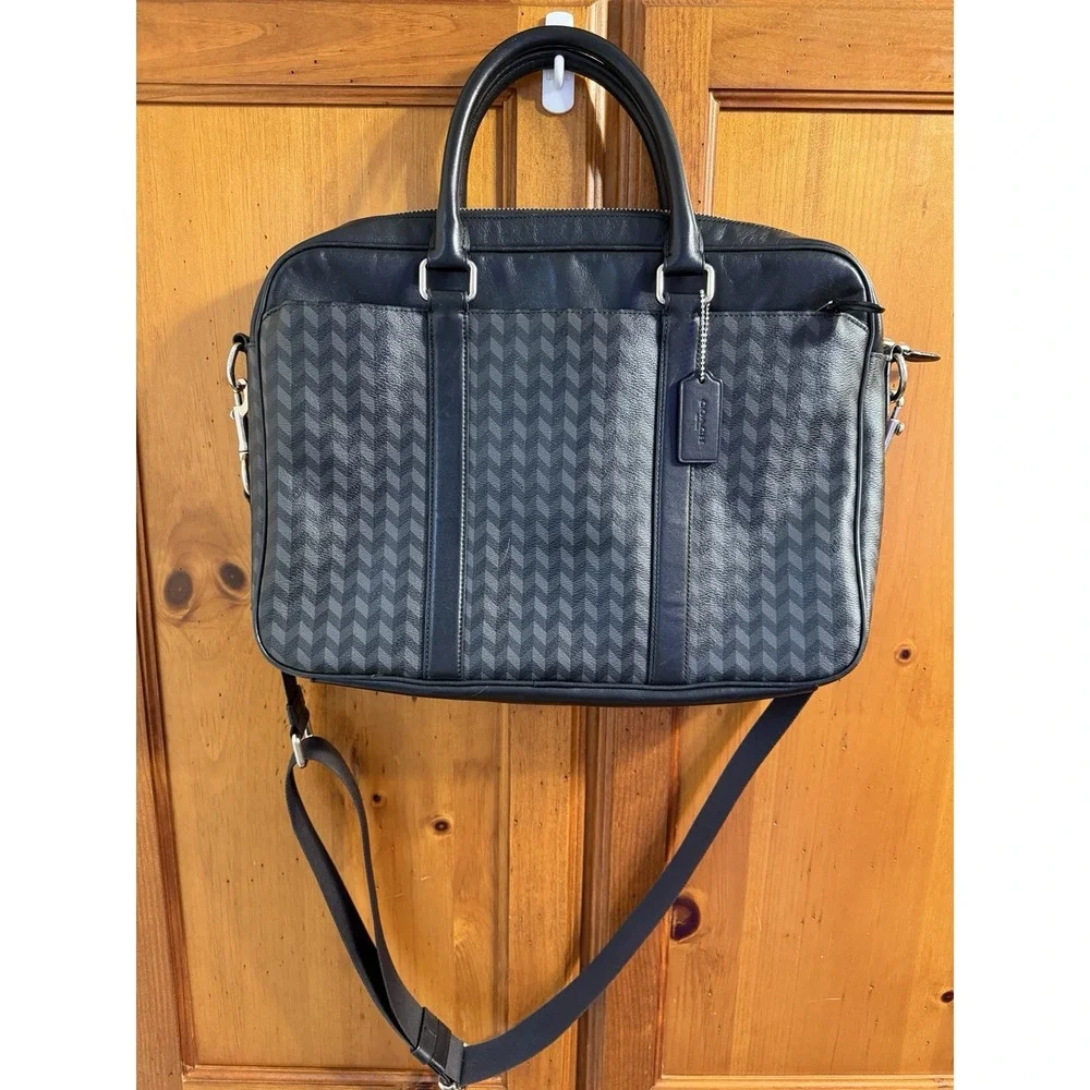 Coach Men's Perry Slim Briefcase Herringbone Print Computer Travel Bag F24722